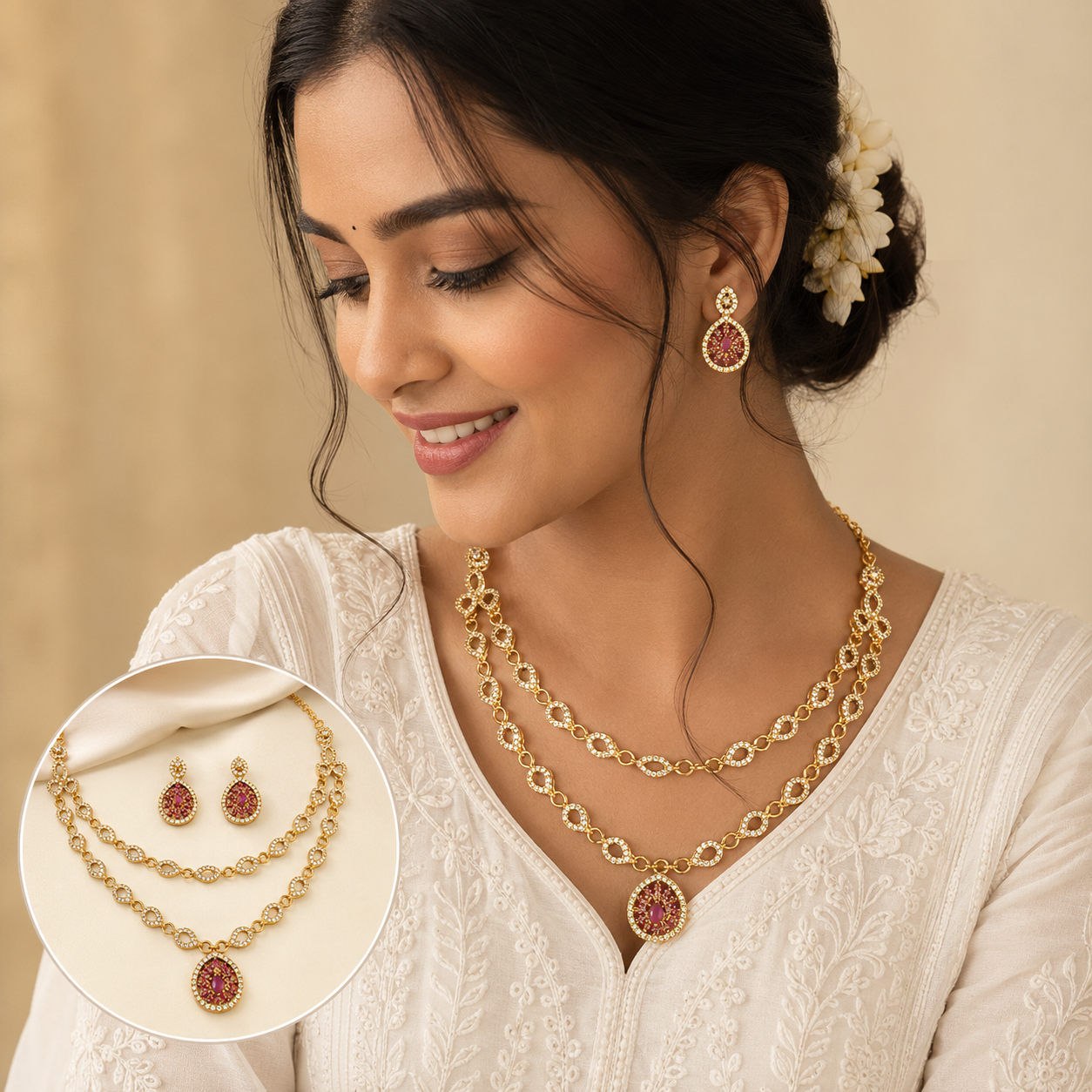 Two layer Gold plated AD Necklace with earings