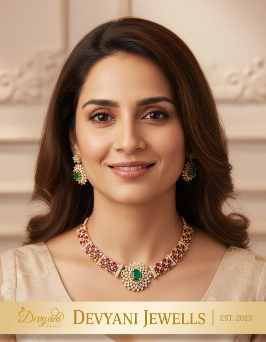 Traditional miceo gold plated ruby and green AD stone Necklace set