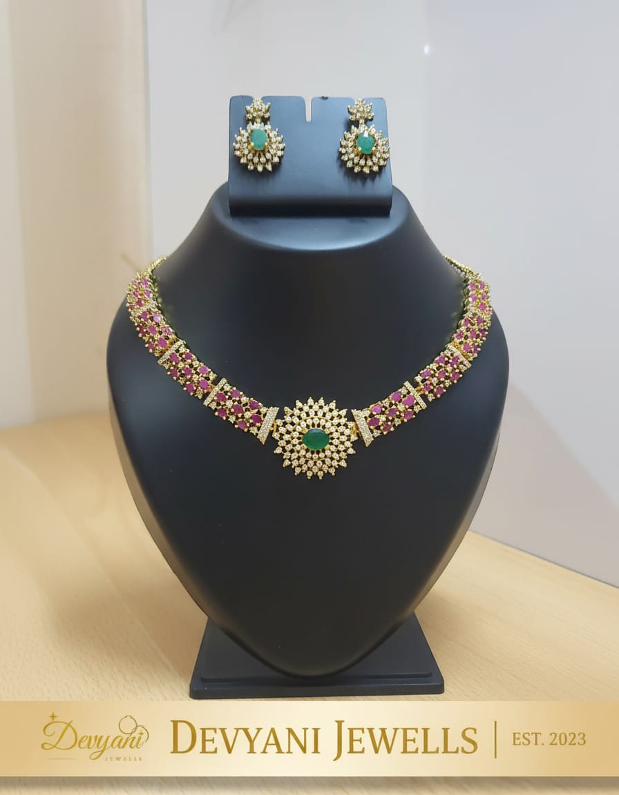 Traditional miceo gold plated ruby and green AD stone Necklace set