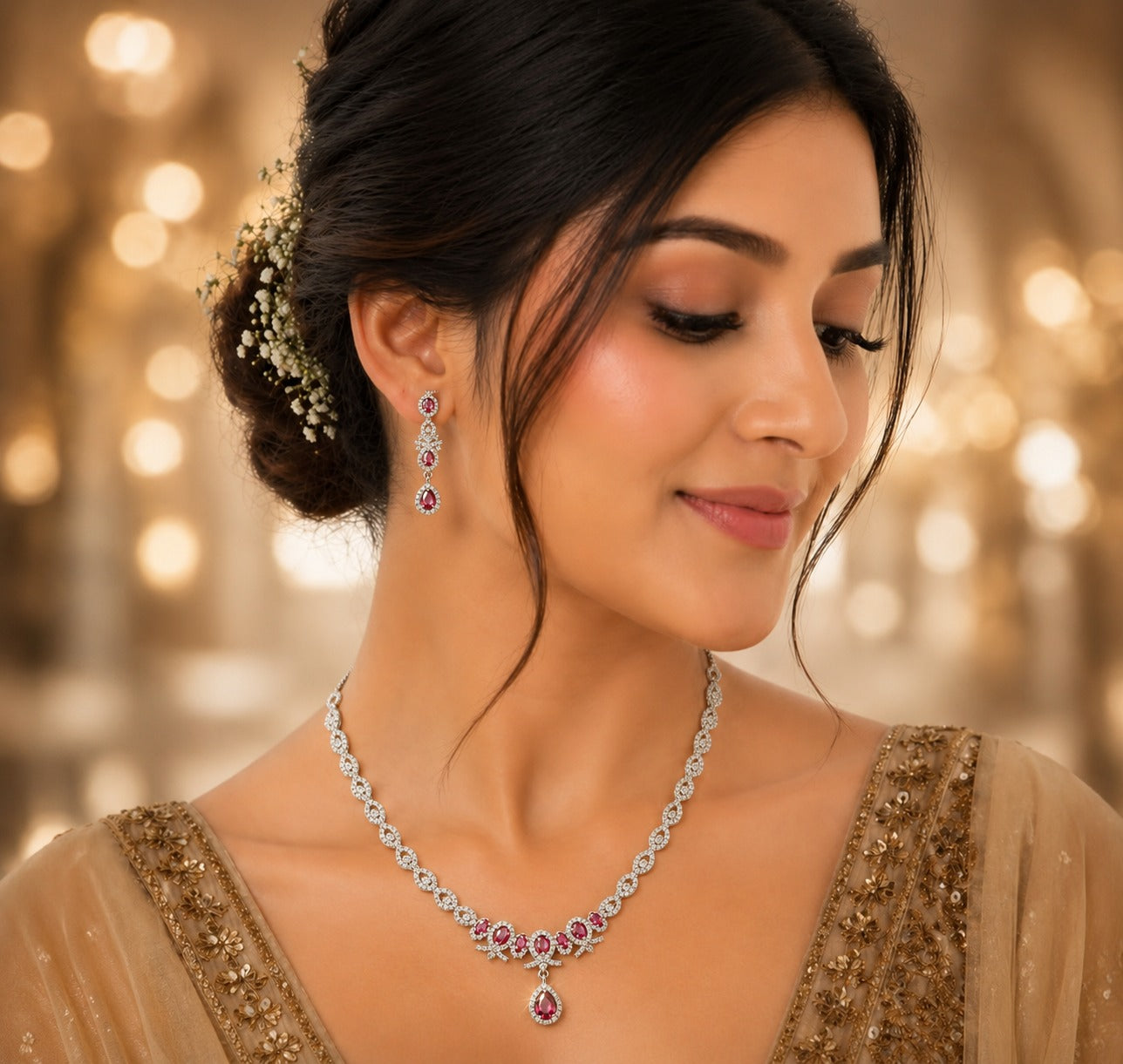Simple one layer silvar coated necklace with earings