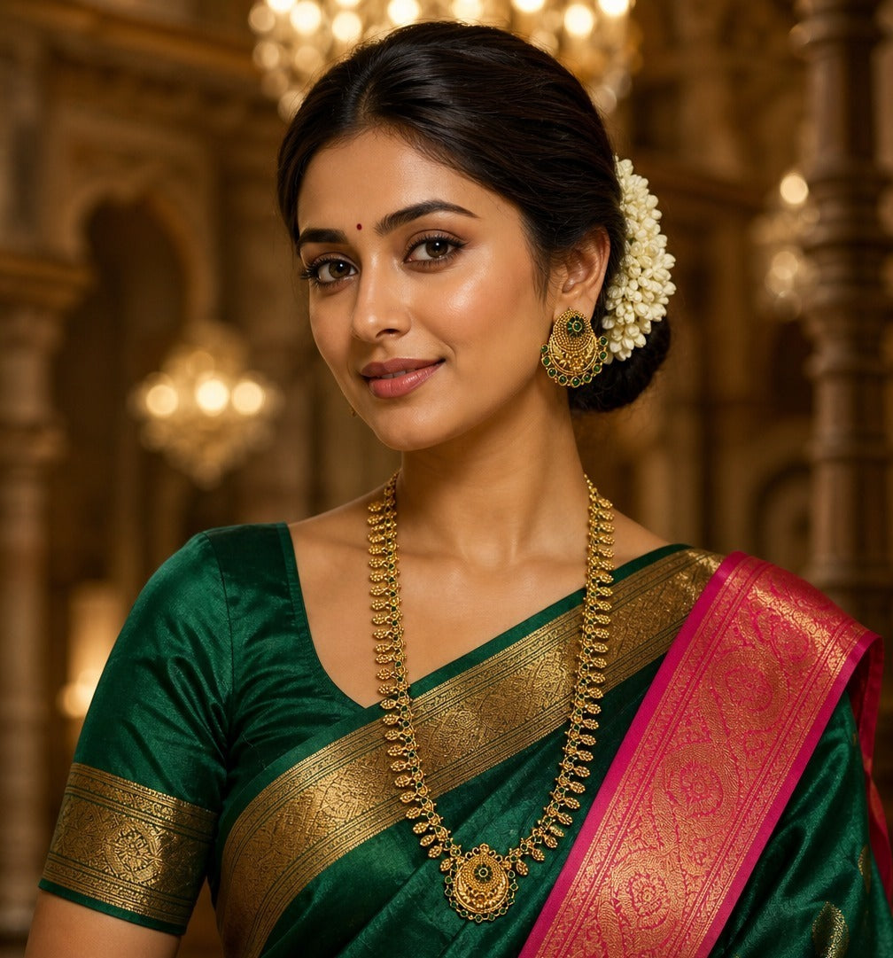 traditional South Indian style long gold necklace, commonly known as a Haram or Mala.